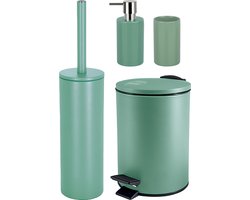 Spirella Badkamer accessoires set - WC-borstel/pedaalemmer/zeeppompje/beker - metaal/keramiek - salie groen - Luxe uitstraling