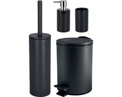 Spirella Badkamer accessoires set - WC-borstel/pedaalemmer/zeeppompje/beker - metaal/keramiek - zwart - Luxe uitstraling