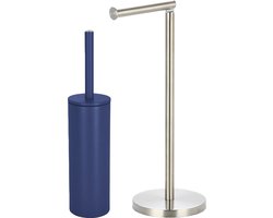 Spirella Badkamer accessoires set - WC-borstel/toiletrollen houder - metaal - donkerblauw/zilver - Luxe uitstraling