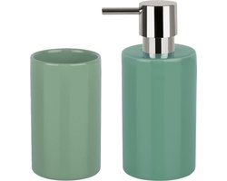 Spirella Badkamer accessoires set - zeeppompje/beker - porselein - groen - Luxe uitstraling