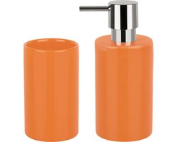 Spirella Badkamer accessoires set - zeeppompje/beker - porselein - oranje - Luxe uitstraling