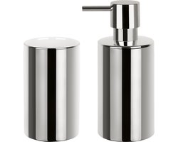 Spirella Badkamer accessoires set - zeeppompje/beker - porselein - zilver - Luxe uitstraling