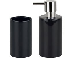 Spirella Badkamer accessoires set - zeeppompje/beker - porselein - zwart - Luxe uitstraling