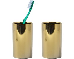 Spirella Badkamer drinkbeker/tandenborstelhouder Sienna - 2x - porselein - glans goud - 7 x 11 cm