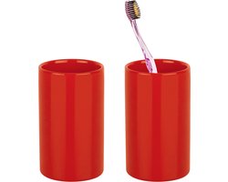 Spirella Badkamer drinkbeker/tandenborstelhouder Sienna - 2x - porselein - glans rood - 7 x 11 cm