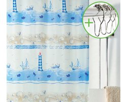 Spirella Nave - Douchegordijn - Blauw - Polyester - 180 x 200 cm | DOUCHEGORDIJN + RINGEN