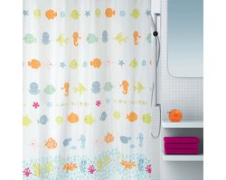 Spirella Textiel Douchegordijn Happy Fish - Badkamergordijn 180x200 cm - Polyester Douche Gordijn Multicolor met 12 Ringen Ogen