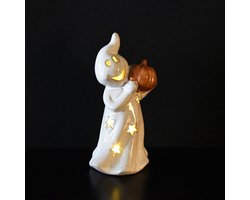 Spookje met pompoen wit-oranje porselein met LED 20 cm hoog - Halloween - Griezel - Herfstcollectie - Herfstdecoratie - interieurdecoratie - accessoire - voor binnen - gift - geschenk - cadeau verjaardag