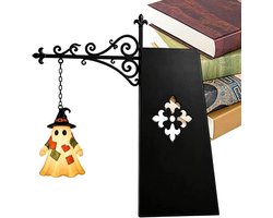 Spookjes Boekenkast Lantaarn - met LED Verlichting - Vintage Boekensteun Lamp - met Hangend Spookje - Halloween & Leeshoek Decoratie Zonder Boren - Zwart/Warm Wit