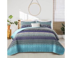sprei 200 x 220 cm bedsprei Boho deken quilt 3-delig tweepersoonsbed gewatteerd dekbed microvezel deken met 2 kussenslopen 50 x 75 cm voor slaapkamer als banksprei (blauw)