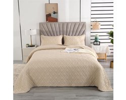 Sprei 220 x 240 cm bedsprei beige, microvezel spreienset met 2 kussenslopen 50 x 75 cm voor tweepersoonsbed, lichte zomerdeken genaaid op 3D ultrasone bankspreideken
