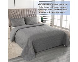 Sprei 220 x 240 cm bedsprei grijze microvezel spreienset met 2 kussenslopen 50 x 75 cm voor tweepersoonsbed, lichtgewicht zomerdeken gestikt met 3D ultrasone sjaal, banksprei deken
