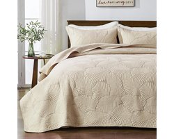 Sprei 220 x 240 cm, beige, katoenen sprei, bedsprei, ultrazachte sprei met borduurwerk, sprei 220 x 240 cm, dekbed met 2 kussenslopen, bankdeken, woondeken voor bed