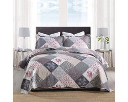 Sprei 220x240 cm – Grijs bloemenmotief – Luxe microvezel quilt – 2 kussenslopen