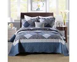 Sprei 220x240 cm – Patchwork blauw – Omkeerbare quilt – Luxe lichte bedsprei