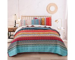 Sprei 220x240 Sprei Boho Deken Quilt 3-delig tweepersoonsbed Gewatteerde microvezeldeken met 2 kussenslopen 50x70 voor slaapkamer als banksprei (Bohemian)