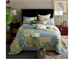 Sprei 240x270 cm – Patchwork quilt – Retro bloemen – 3-delige katoenen set