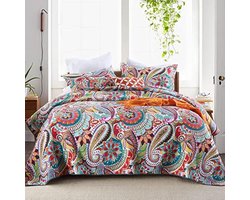 Sprei 250x270 cm – Oranje bloemen paisley – Luxe katoenen quilt – 2 kussenslopen