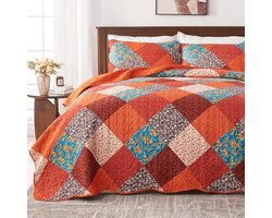 Sprei 250x270 cm – Patchwork quilt – Meerkleurig bloemenpatroon – 2 kussenslopen