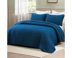 Sprei, bedsprei, 220 x 240 cm, microvezel met 2 kussenslopen, zacht en licht dekbed met strepenpatroon voor alle seizoenen, blauw