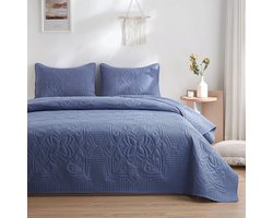 Sprei, bedsprei, 240 x 260 cm, blauwgrijs, beddengoed van microvezel, quilt sprei licht, doorgestikt bij ultrasoon geluid, met 2 kussenslopen, bloemenpatroon