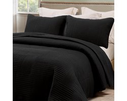 Sprei, bedsprei 260 x 280 cm, microvezel met 2 kussenslopen, zacht en licht dekbed met strepenpatroon voor alle seizoenen, zwart