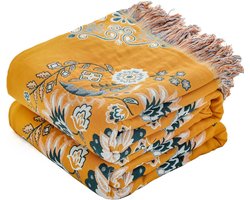 Sprei- bedsprei- boho-deken- bank- katoen- knuffeldeken- omkeerbare deken- 150 cm x 200 cm- met franjes- bankovertrek- tv-deken voor bank- deken voor bed- slaapkamer- geel/groen