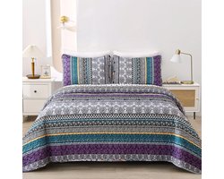 Sprei - Boho Doorgestikt Microvezel 3-delig - Voor Tweepersoonsbed & Bank - Paars 220x240 cm met 2 Kussenslopen 50x75 cm