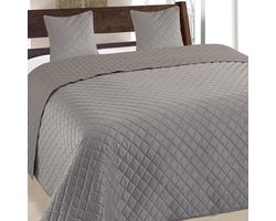Sprei, doorgestikt, bedsprei, gewatteerde sprei met 2 kussenslopen 40 x 40 cm - lichtgrijs, fluweel amarant, 220 x 240 cm