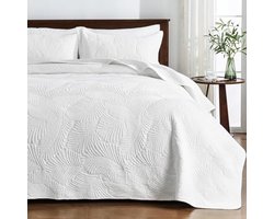 Sprei King Size – Witte katoenen quilt – Geborduurd palmblad – 3-delige set