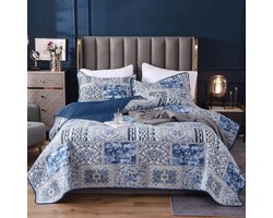 Sprei - Patchwork - 220 x 240 cm - Blauwe Bedsprei Voor Tweepersoonsbed - Vintage Stijl - Gewatteerde Zomerdeken Met Kussenset - Van Katoen En Polyester