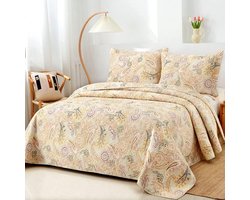 sprei van katoen 220x240cm, sprei 230x250 voor tweepersoonsbed met geel paisley bloemenpatroon, all-season deken, banksprei, gewatteerde deken met 2 kussenslopen