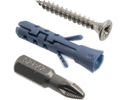 Spreidpluggen Ø6x30 mm + 10 verzonken houtschroeven Ø4x30 mm roestvrij staal + 1 schroefbit 1/4 PZ2 | voor bevestigingen in massief beton en baksteen