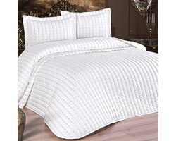 Spreiset van katoen, bedsprei, tweepersoonsbed, 250 x 260 cm, kussensloop 55 x 75 cm x 2, sofaplaid, gewatteerd, woondeken, het hele jaar door (crème)