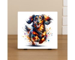 Spreuk Tegel 10,5x10,5cm – Teckel Hond – Kleurrijke Kunst Wanddecoratie & Cadeau – Trendy Nu –Decoratie – Zomaar - Hondenportret – Decoratief Tegeltje met Standaard – Cadeau Idee