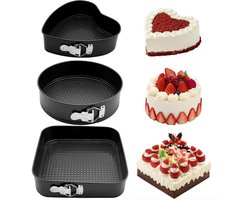 Spring vormset van 3 stuks - Antiaan bakbakvorm - Cheese cakebakvorm - Lekvrije ronde cakebakvorm met uitneembare bodem - Perfect voor bakkers en bakliefhebbers - Hartvormige, ronde en vierkante bakvormen - Zwart