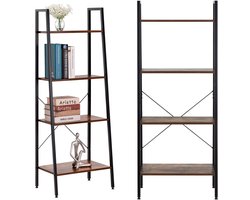Springos Boekenkast - Ladderrek - Rek - 4 Etages - 138x56x34 cm - 100 KG - Gepoedercoat Metaal - Donkerbruin/Zwart