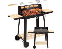 Springos Houtskool barbecue -Op Wielen - BBQ - Asopvangbak - Kunststof - RVS - Zwart - Houtlook - 5 Standen