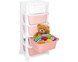 Springos Ladekast | Ladesysteem | Speelgoedkist | Ladeblok | Opbergkast | Met 5 Laden | Op Wielen | Kunststof | Roze | Wit