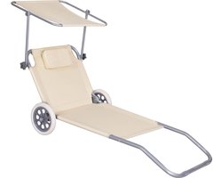 Springos Ligbed | Ligstoel | Strandstoel | Zonnebed | Verrijdbaar | Inclusief Luifel | Beige