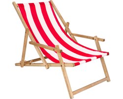 Springos - Ligbed - Strandstoel - Ligstoel - Verstelbaar - Arm Leuning - Beukenhout - Geïmpregneerd - Handgemaakt - Rood Wit