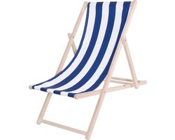 Springos | Ligbed | Strandstoel | Ligstoel | Verstelbaar | Beukenhout | Handgemaakt | Blauw Wit