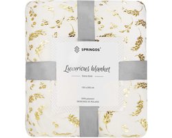Springos Plaid | Sprei | Deken | 200 x 150 cm | Pluche | Plant | Crème / Goud