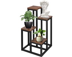 Springos Plantenrek | Plantenstandaard | Plantentrap | 4 Niveaus | Metaal | Hout | Zwart | Donkerbruin