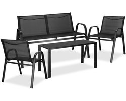 Springos Tuinmeubelset - Bank - Stoelen - Glas - Zwart - Staal - Textileen - 120 Kg