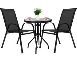 Springos Tuinset - 2 Delig - 2 Stoelen - 1 Tafel - Metaal - Gehard Glas - Zwart