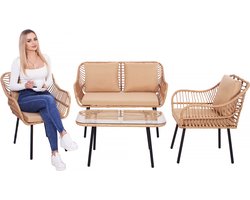 Springos Tuinset - 4 Delig - Stoelen - Bank - Tafel - Rotan - Beige