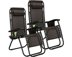 Springos Tuinstoelen | Ligstoel | Opvouwbaar | Verstelbaar | Ergonomische hoofdsteun | 2 Stuks | Bruin / Zwart