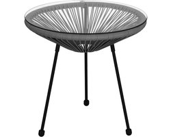 Springos Tuintafel - Draad - Rotan - Zwart - Grijs - Rond - Glas - 50 Cm