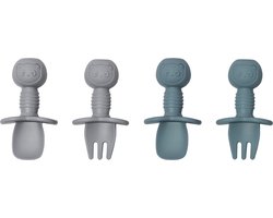 Sproudsy Kinderbestek Teddy Bear - Baby - 2 Baby Lepeltjes en Vorkjes - Baby Bestek - BPA-Vrij - Grijs Blauw